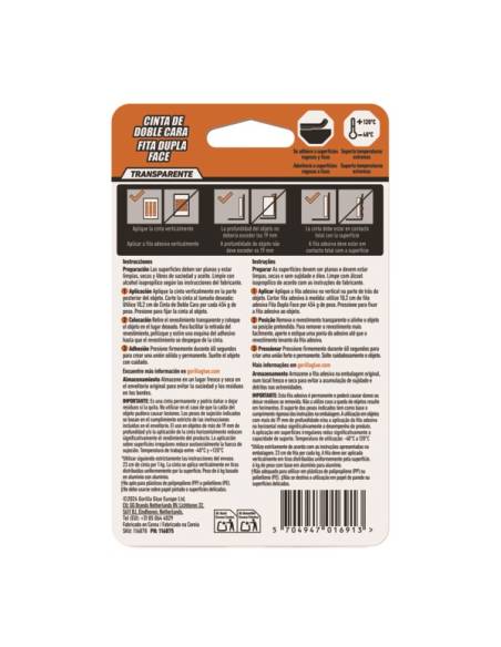 CINTA DOBLE CARA GORILLA 1,5M X 25mm TRANSPARENTE